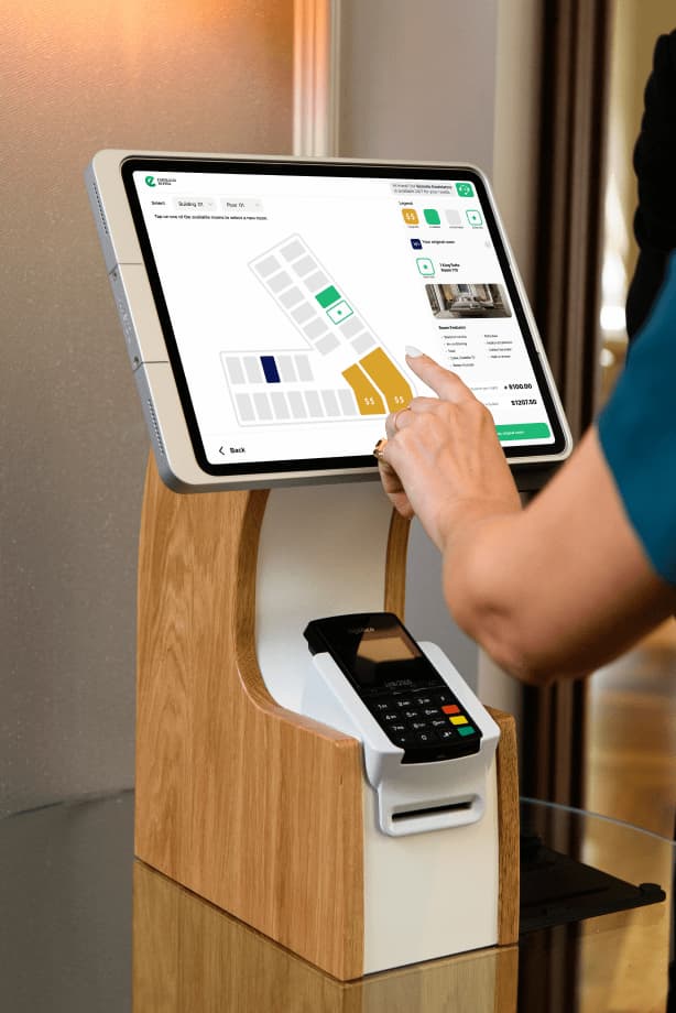 Guests access upsells and amenities during check in including room selection