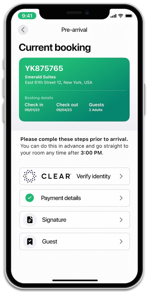 Booking information is shown along with steps that need to be completed before check-in is complete and a mobile key is provided.