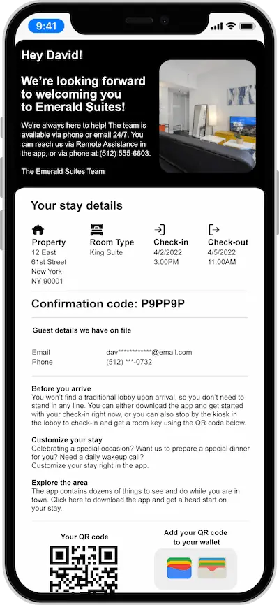 Digital check in welcome email explains benefits and how-to for contactless check in