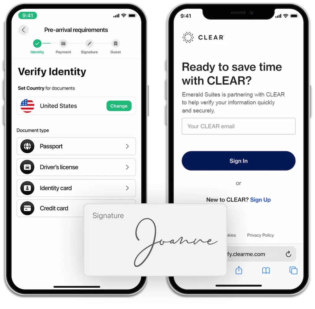Virdee identity verification with signature capture for secure hotel self check-in.