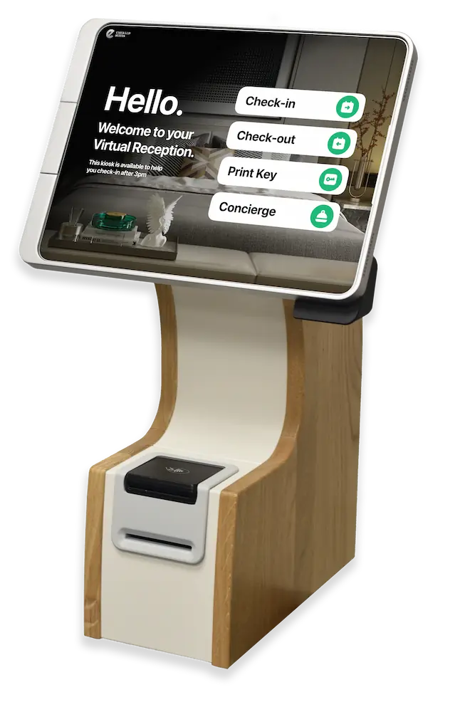 Virdee hotel check-in kiosk enables self check-in and provides hotel room key cards.